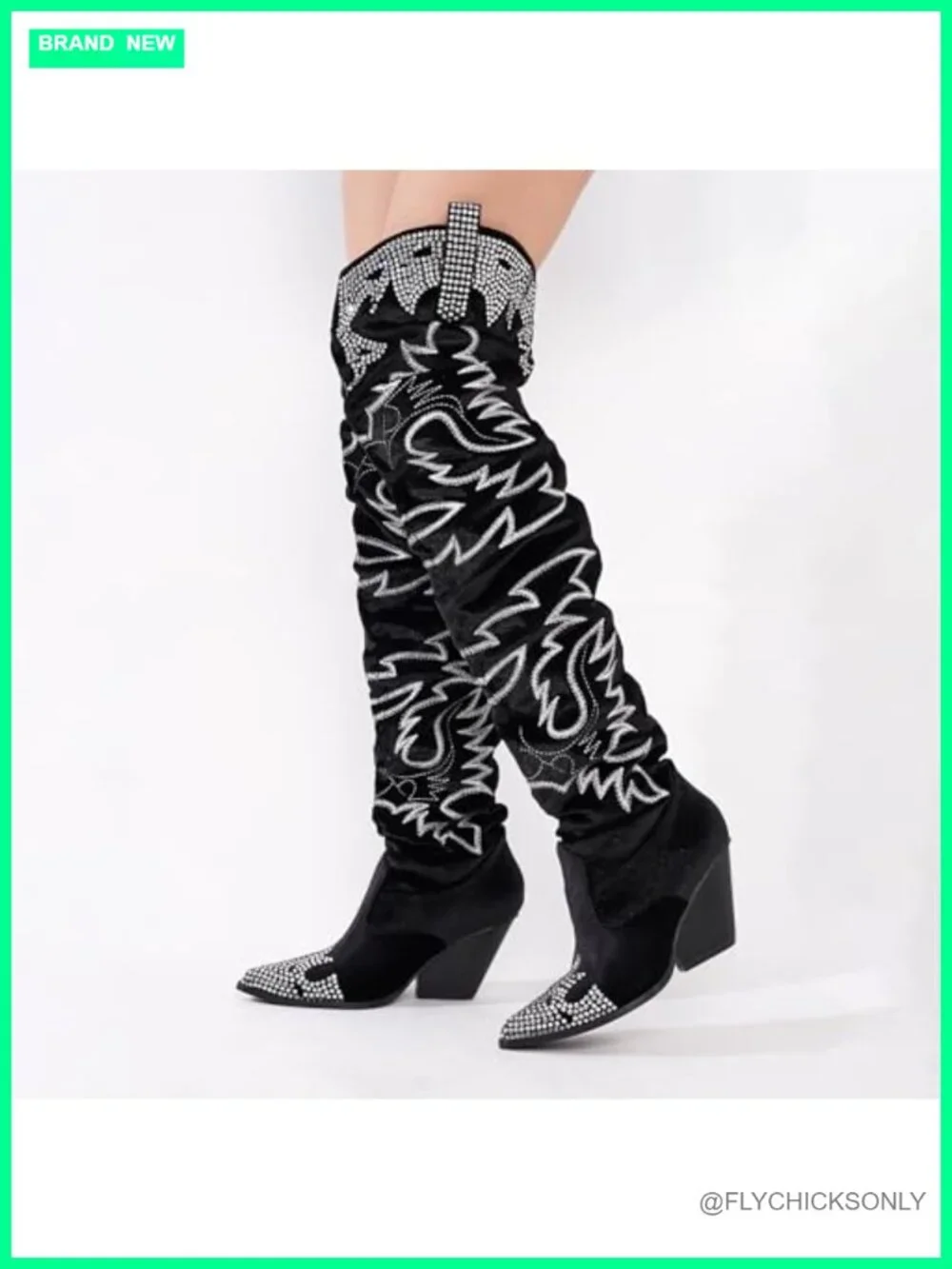 Rhinestone Embroidered Velvet Thigh High Slouchy Wide Calf Pull On Over the